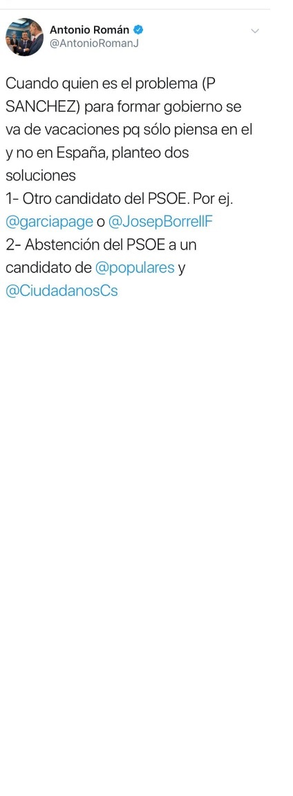 Román se suma a la propuesta del PP de un candidato alternativo a Sánchez
