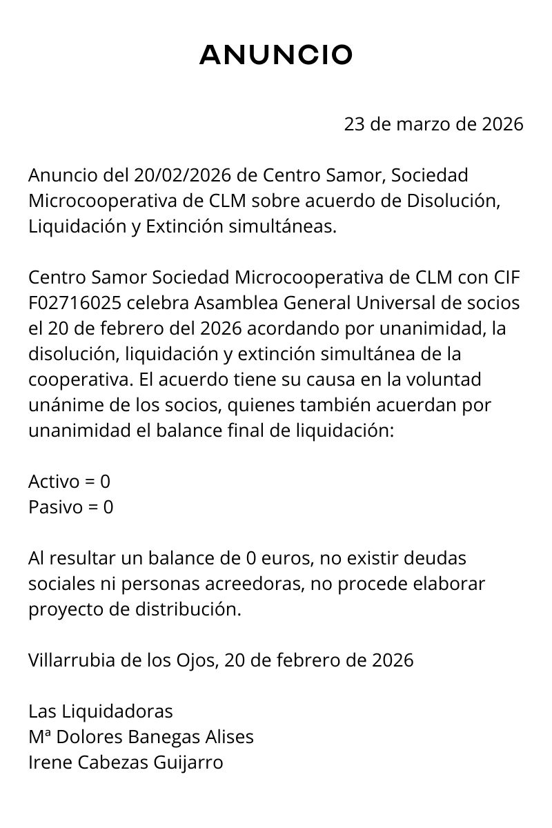 Anuncio de disolución Liquidación y Extinción simultáneas de Centro Samor